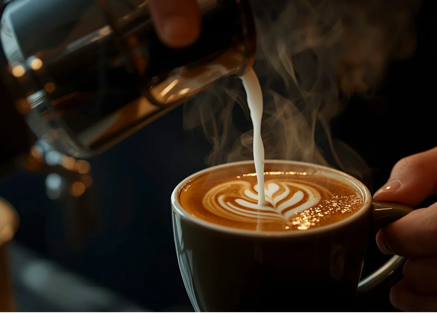 Un café latte versé, le lait dessine un motif dans la tasse