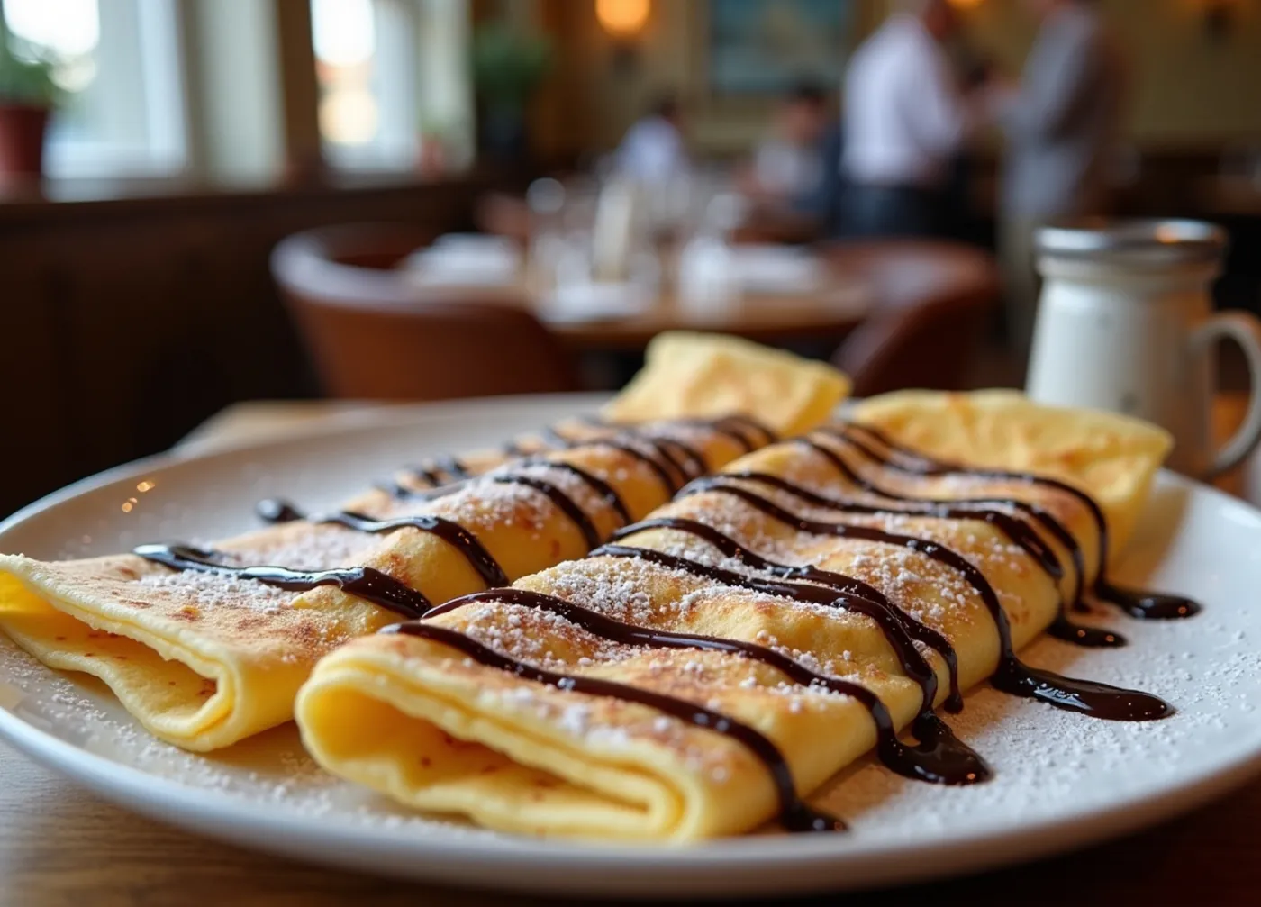 Crêpes pliées nappées de chocolat sur une assiette